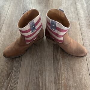 Western-Style Brown Ankle Heeled Boots with Flag Accent